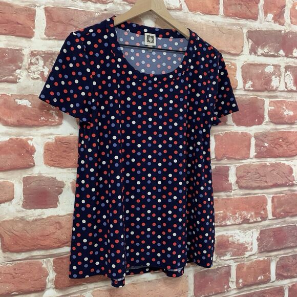 Anne Klein Top Shirt Women's Small Dark Blue Multicolor Polka Dot Popover Blouse - Picture 2 of 8